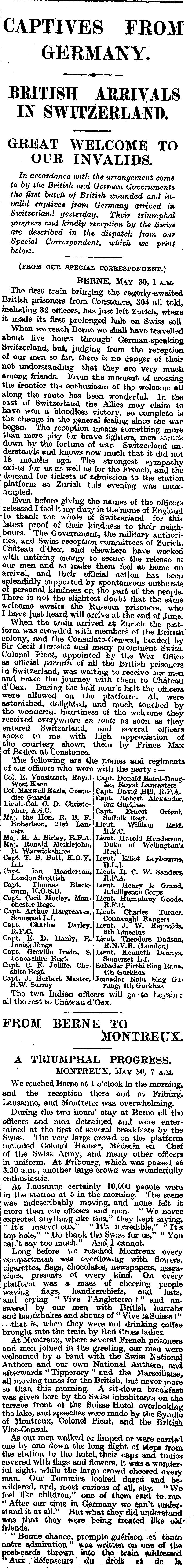 Facsimile of the original cutting: Captives from Germany, The Times, 31 May 1916