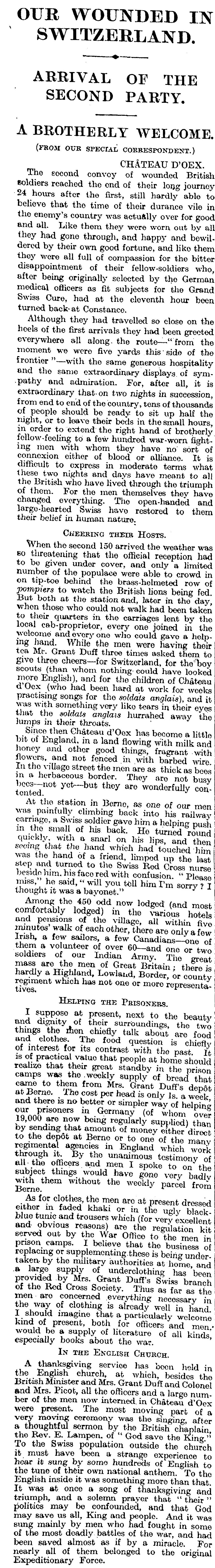 Facsimile of the original cutting: Our Wounded in Switzerland, The Times, 13 June 1916