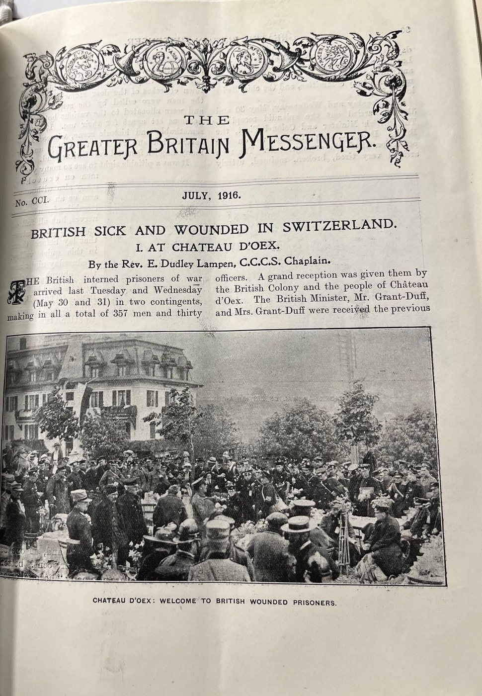 Facsimile of the original cutting: British Sick and Wounded in Switzerland, The Greater Britain Messenger, No. CCI, July 1916 — page 1 of 3