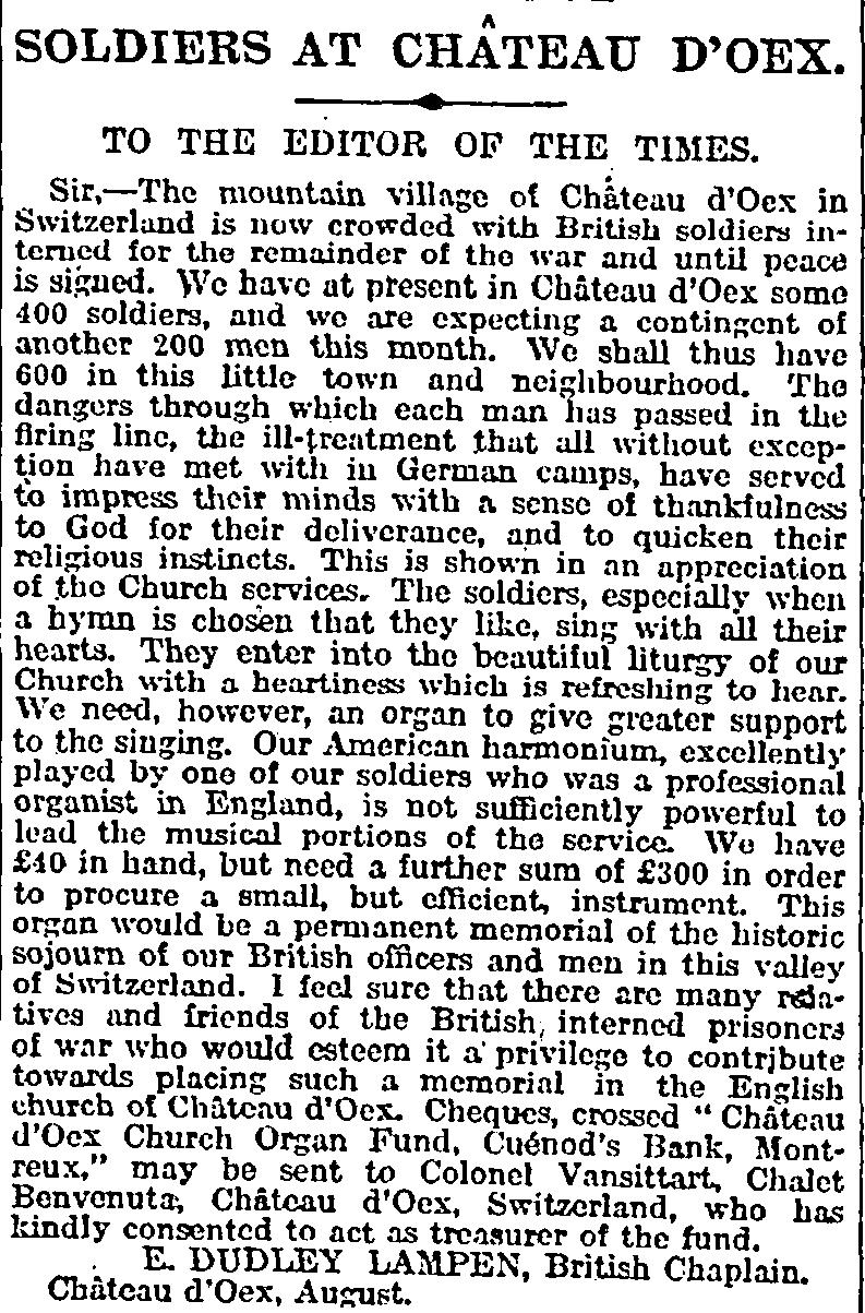 Facsimile of the original cutting: Soldiers at Château d'Oex, The Times, 17 August 1916