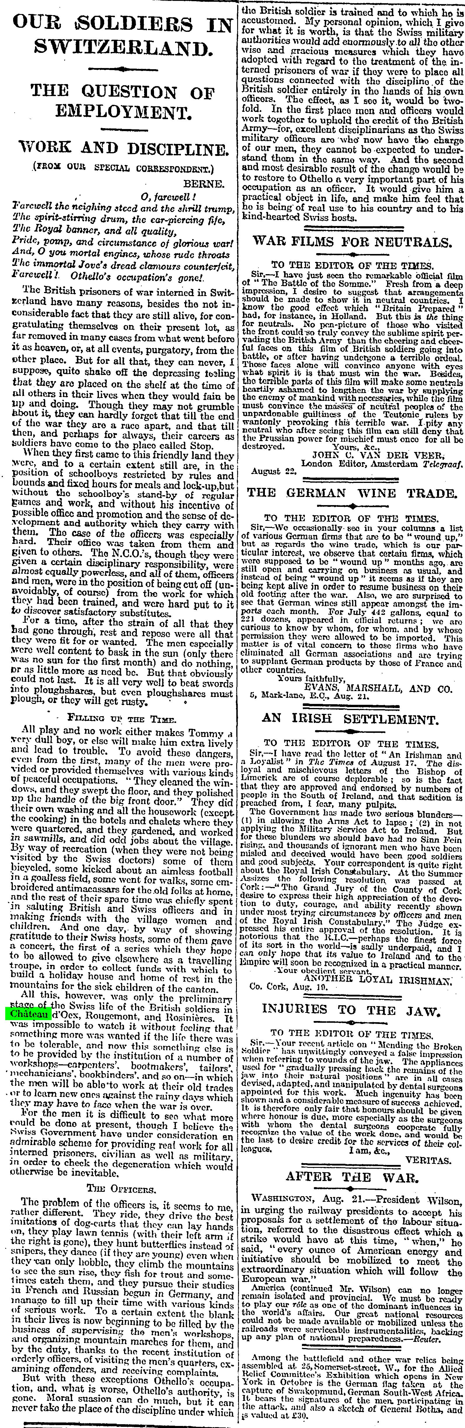 Facsimile of the original cutting: Our Soldiers in Switzerland, The Times, 23 August 1916