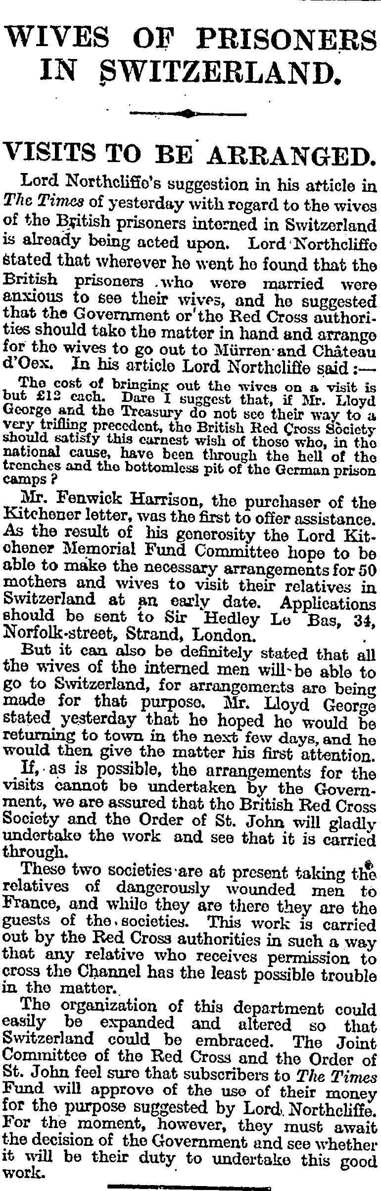 Facsimile of the original cutting: Wives of Prisoners in Switzerland, The Times, 31 August 1916