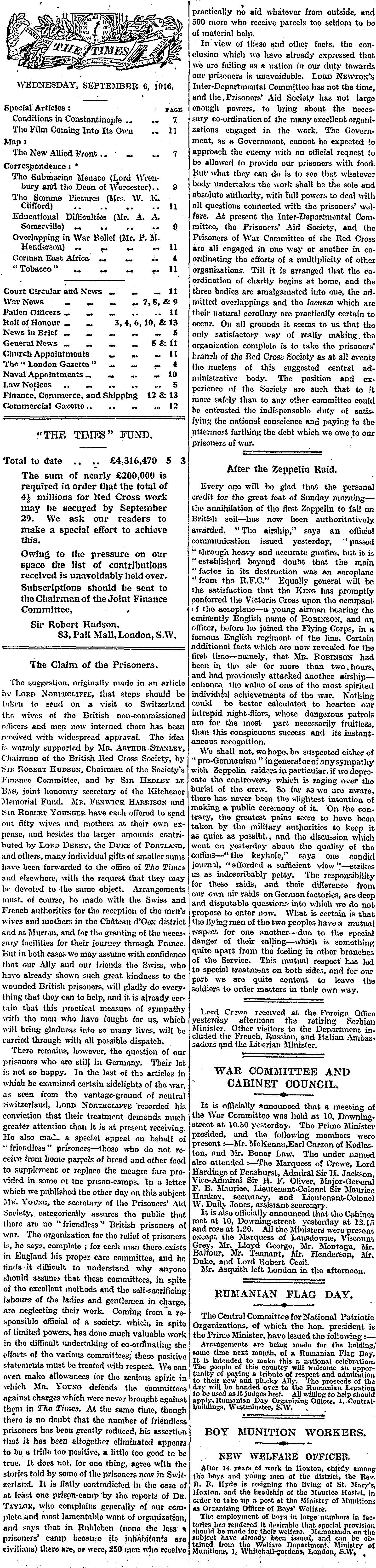 Facsimile of the original cutting: The Claim of the Prisoners, The Times, 6 September 1916