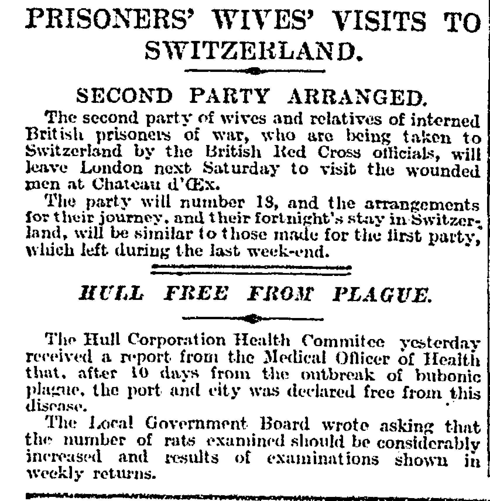 Facsimile of the original cutting: Prisoners' Wives' Visits to Switzerland, The Times, 4 October 1916