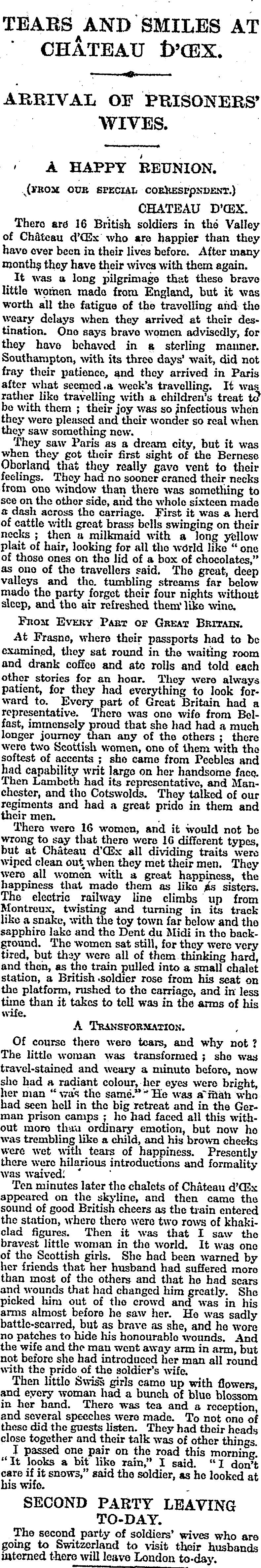 Facsimile of the original cutting: Tears and Smiles at Château d'Œx, The Times, 7 October 1916