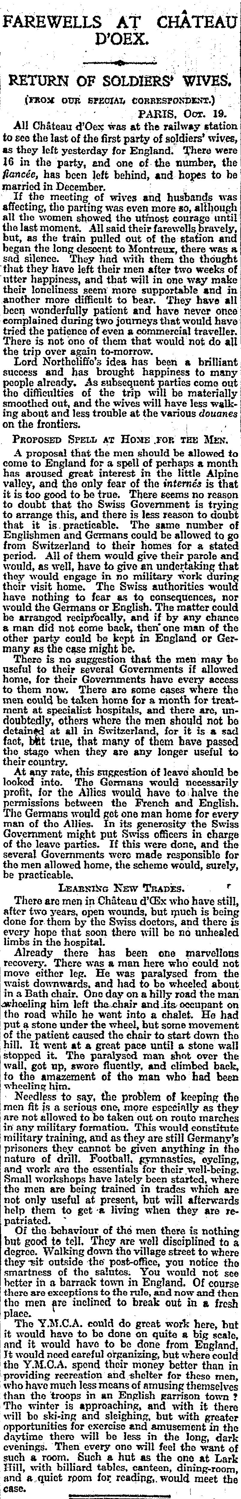 Facsimile of the original cutting: Farewells at Château d'Oex, The Times, 20 October 1916