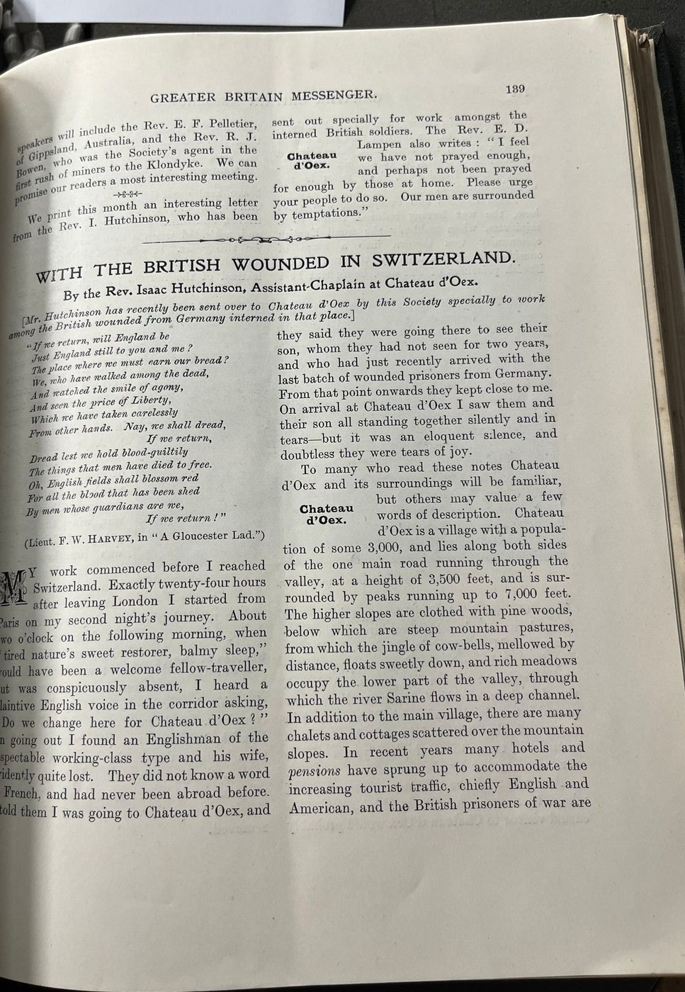 Facsimile of the original cutting: With the British Wounded in Switzerland, The Greater Britain Messenger — date not established (late 1916) — page 1 of 4