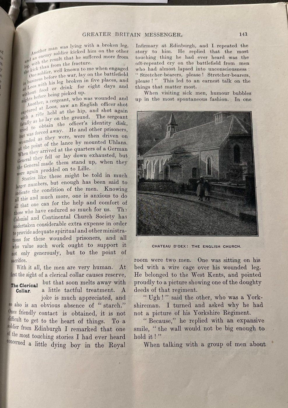 Facsimile of the original cutting: With the British Wounded in Switzerland, The Greater Britain Messenger — date not established (late 1916) — page 3 of 4