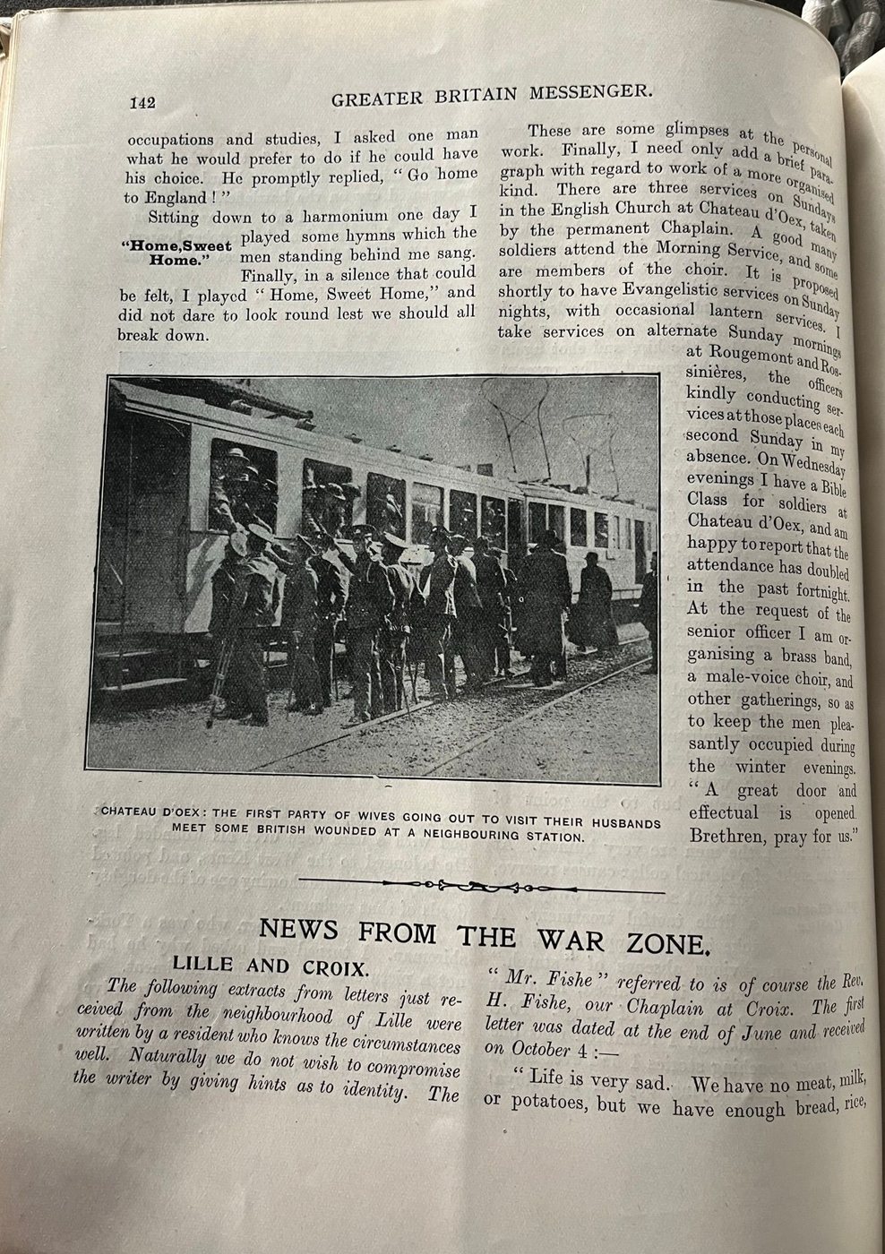 Facsimile of the original cutting: With the British Wounded in Switzerland, The Greater Britain Messenger — date not established (late 1916) — page 4 of 4