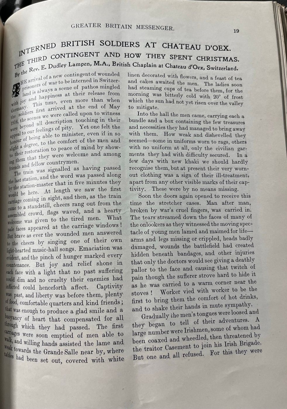 Facsimile of the original cutting: Interned British Soldiers at Chateau d'Oex. the Third Contingent and How They Spent Christmas, The Greater Britain Messenger — date not established — page 1 of 4