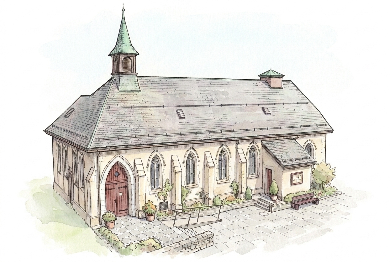 Hand-drawn watercolour illustration of St. Peter's Anglican Church, Château-d'Oex