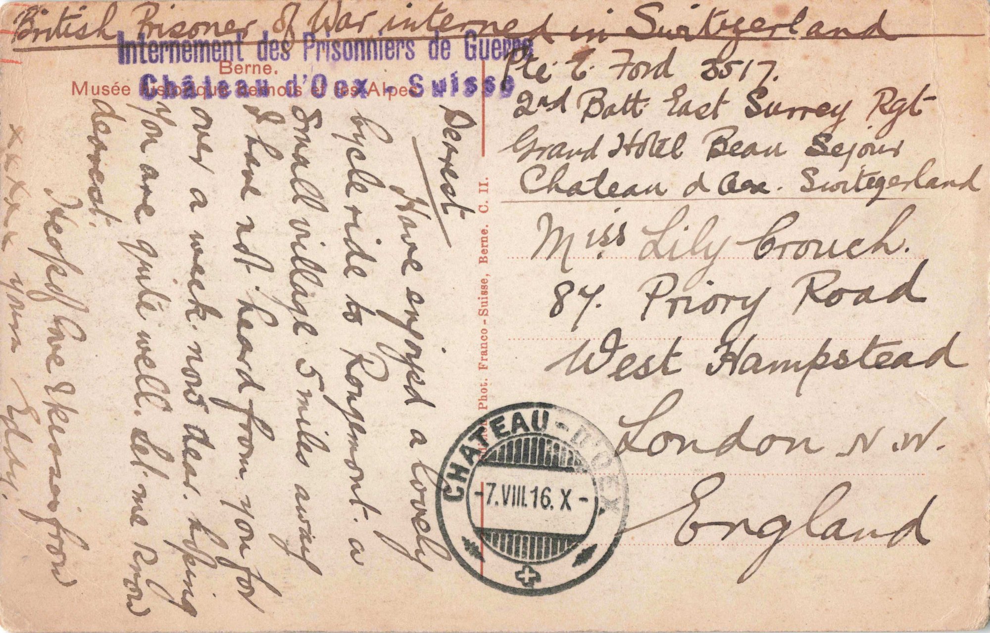 The message side of a 1916 postcard, postmarked Château-d'Œx, in which Pte Edward Ford describes a bicycle ride to Rougemont to his fiancée Lily Crouch in London