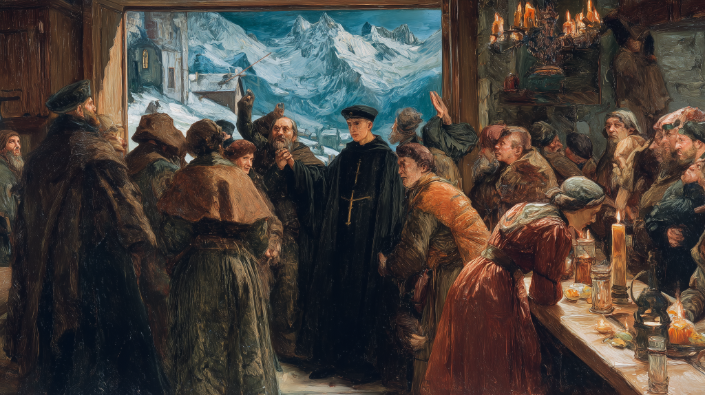 From cursed mountains to tourist destinations: Medieval travelers receive priest's blessing before attempting dangerous Alpine crossing, depicting the era when Mount Pilatus was forbidden and mountains were feared as demon-haunted wastelands before the Romantic movement Alps transformation