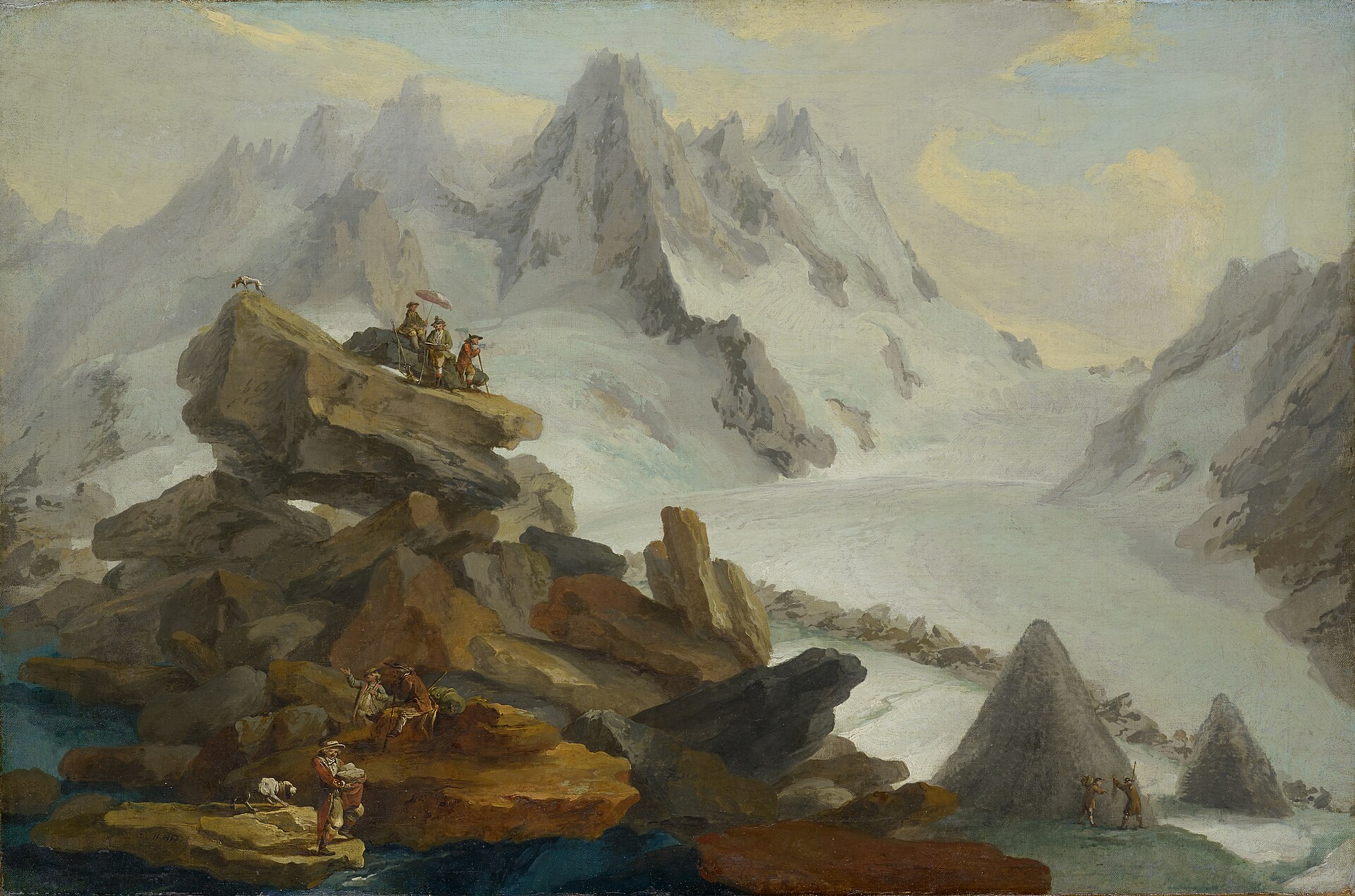 A party of eighteenth-century gentlemen stand on a rock promontory, one holding a parasol, looking out over the Lauteraar glacier