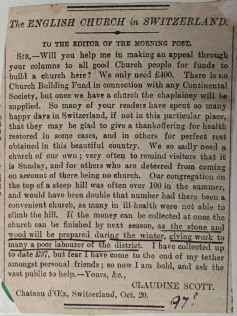 Letter from Claudine Scott to the editor of the Morning Post asking for help to build an Anglican church in Chateau d'Oex