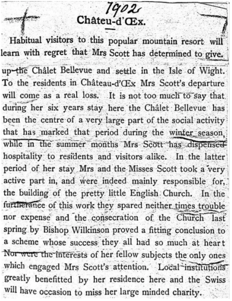 Letter published in 1902 saying that Mrs Scott intends to move to the Isle of Wight