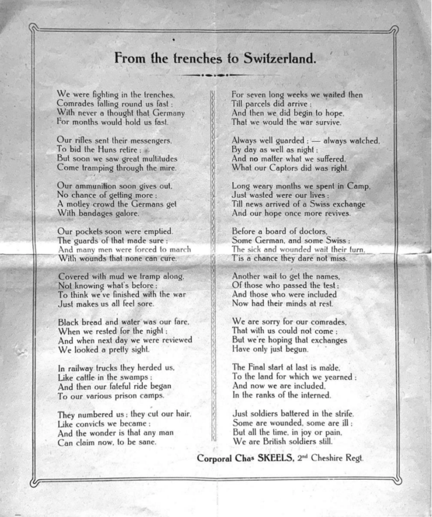 Poem by Corpral Skeels, from the trenches to Switzerland